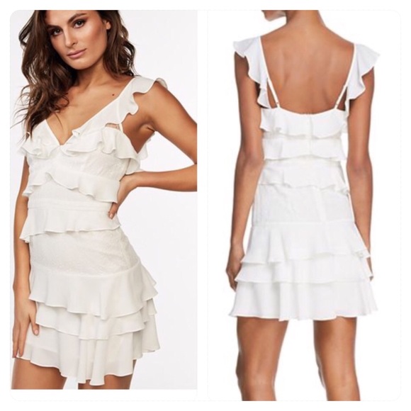 bardot white ruffle dress